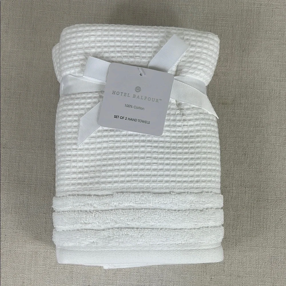 HOTEL BALFOUR Bath Hand Towels 100% Cotton White Textured SET OF 2 NEW